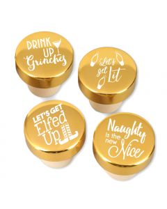 Naughty Holiday Sayings Gold Aluminum Top Bottle Stoppers (Set of 4)