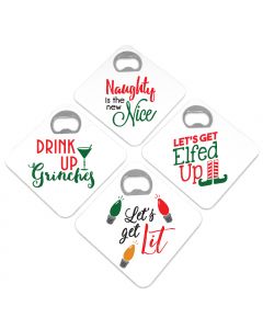 Naughty Holiday Sayings Bottle Opener Coasters (Set of 4)